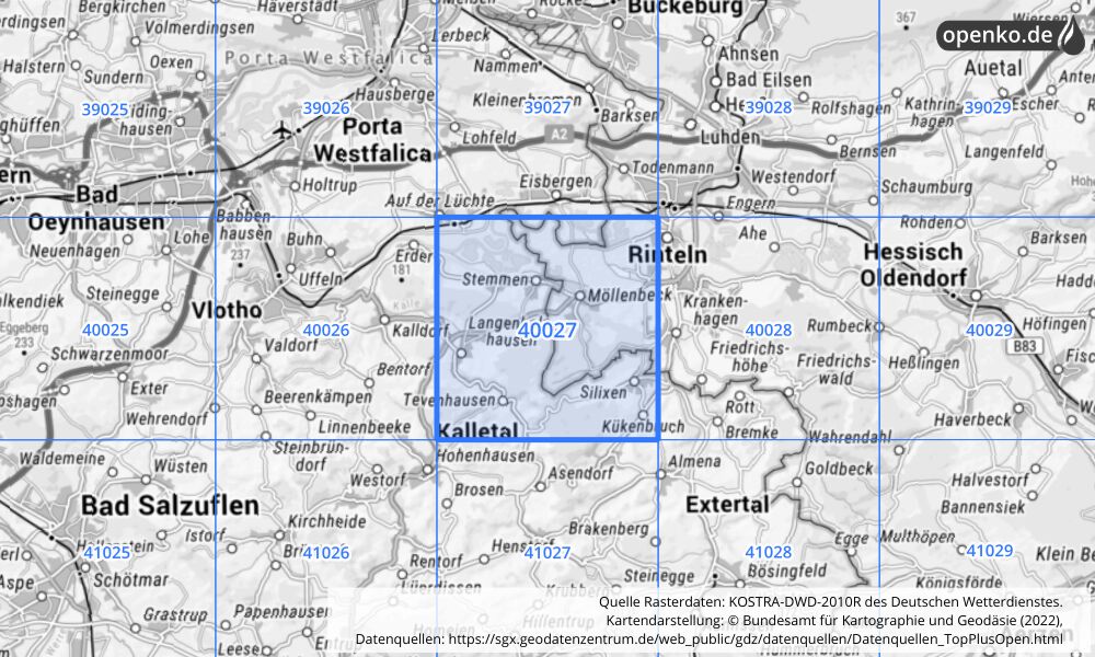 Übersichtskarte KOSTRA-DWD-2010R Rasterfeld Nr. 40027 mit angrenzenden Feldern