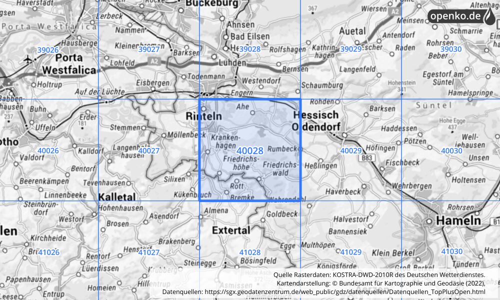 Übersichtskarte KOSTRA-DWD-2010R Rasterfeld Nr. 40028 mit angrenzenden Feldern