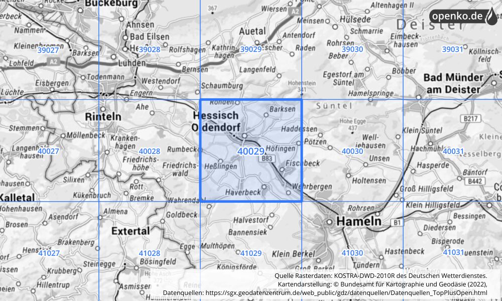 Übersichtskarte KOSTRA-DWD-2010R Rasterfeld Nr. 40029 mit angrenzenden Feldern