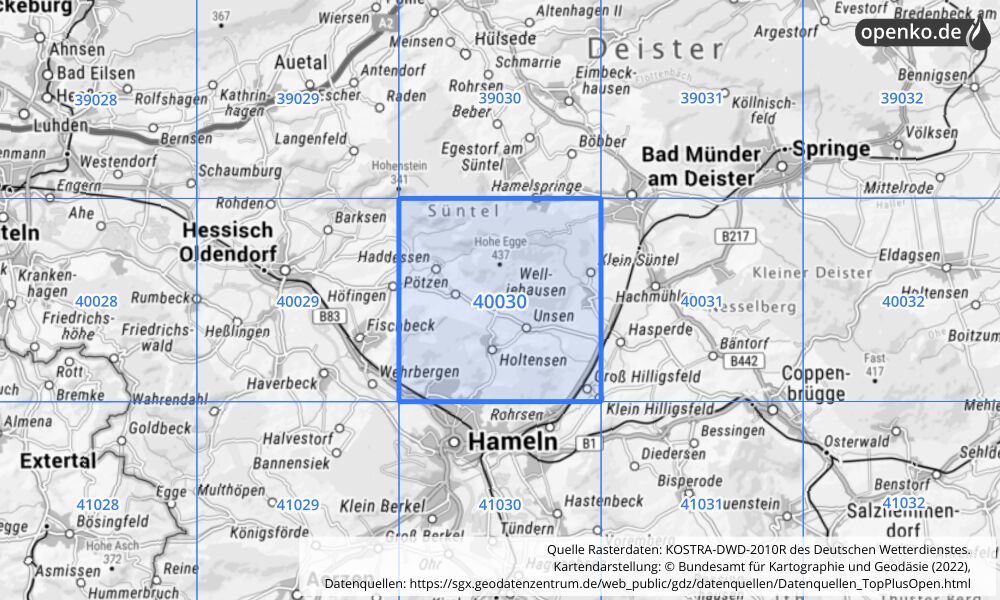 Übersichtskarte KOSTRA-DWD-2010R Rasterfeld Nr. 40030 mit angrenzenden Feldern