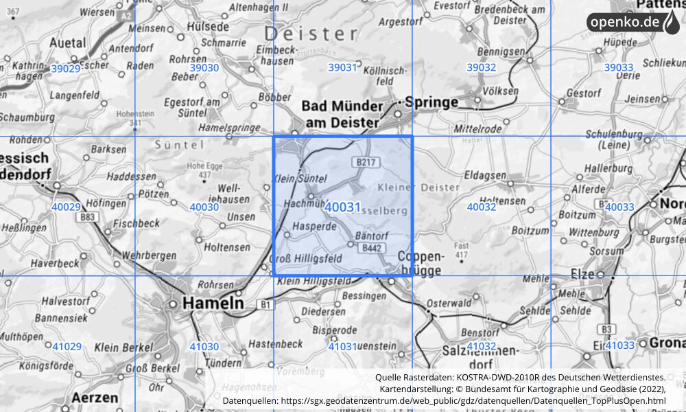 Übersichtskarte KOSTRA-DWD-2010R Rasterfeld Nr. 40031 mit angrenzenden Feldern