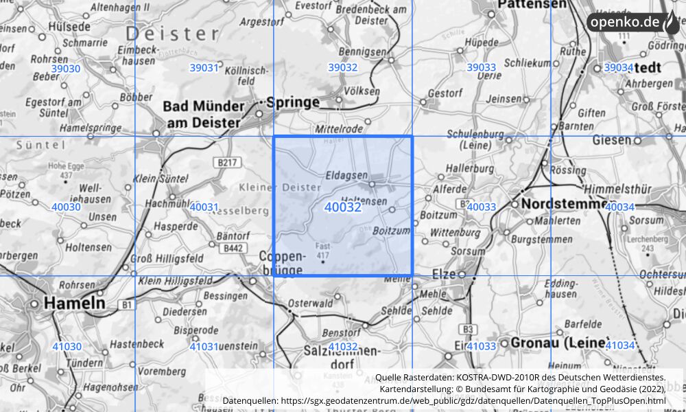 Übersichtskarte KOSTRA-DWD-2010R Rasterfeld Nr. 40032 mit angrenzenden Feldern