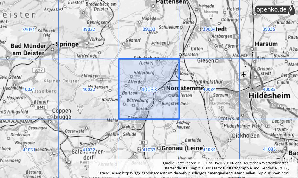 Übersichtskarte KOSTRA-DWD-2010R Rasterfeld Nr. 40033 mit angrenzenden Feldern