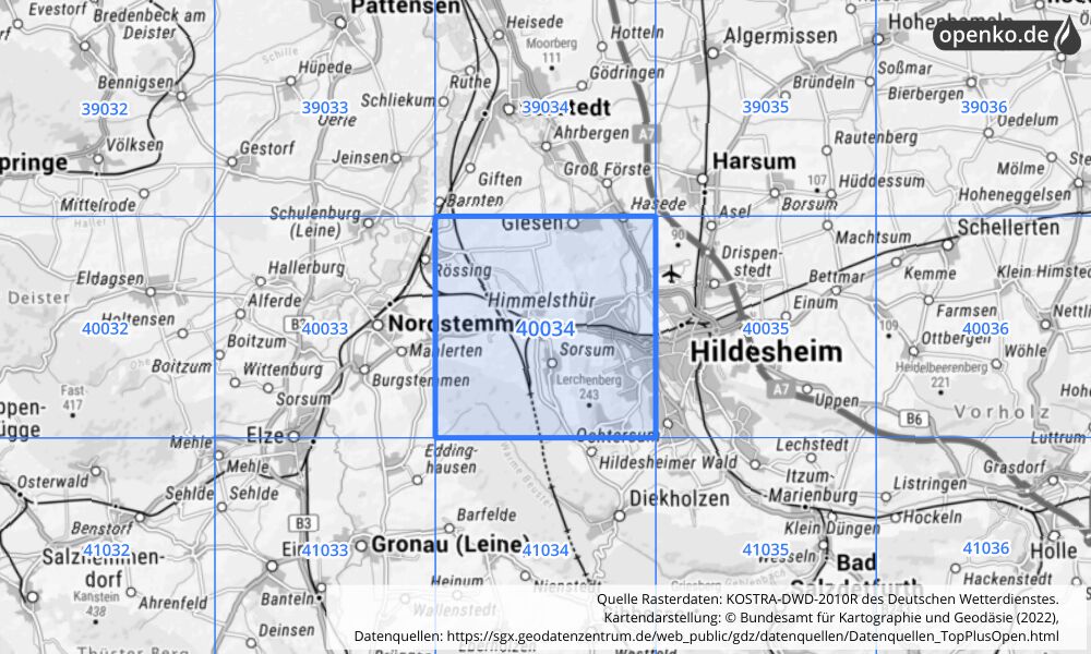 Übersichtskarte KOSTRA-DWD-2010R Rasterfeld Nr. 40034 mit angrenzenden Feldern