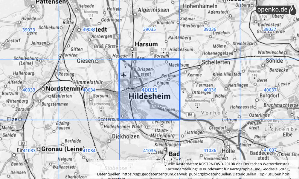 Übersichtskarte KOSTRA-DWD-2010R Rasterfeld Nr. 40035 mit angrenzenden Feldern