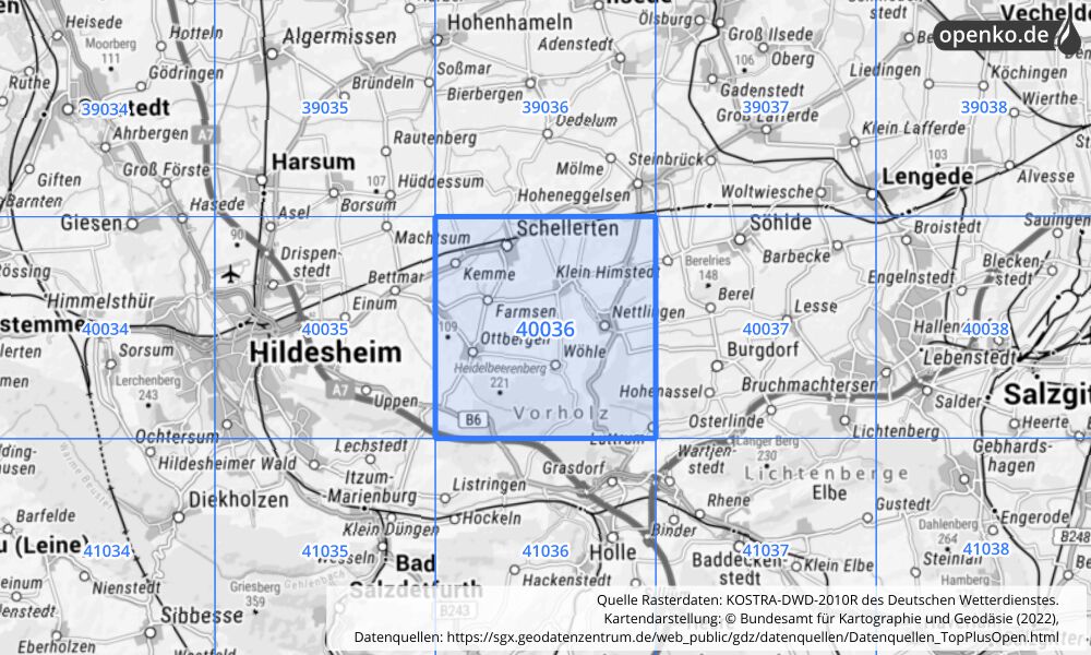 Übersichtskarte KOSTRA-DWD-2010R Rasterfeld Nr. 40036 mit angrenzenden Feldern