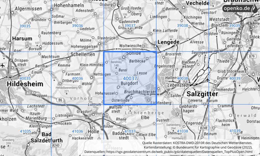 Übersichtskarte KOSTRA-DWD-2010R Rasterfeld Nr. 40037 mit angrenzenden Feldern