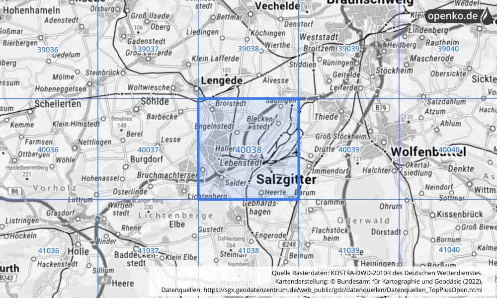Übersichtskarte KOSTRA-DWD-2010R Rasterfeld Nr. 40038 mit angrenzenden Feldern