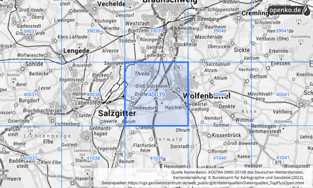 Übersichtskarte KOSTRA-DWD-2010R Rasterfeld Nr. 40039 mit angrenzenden Feldern