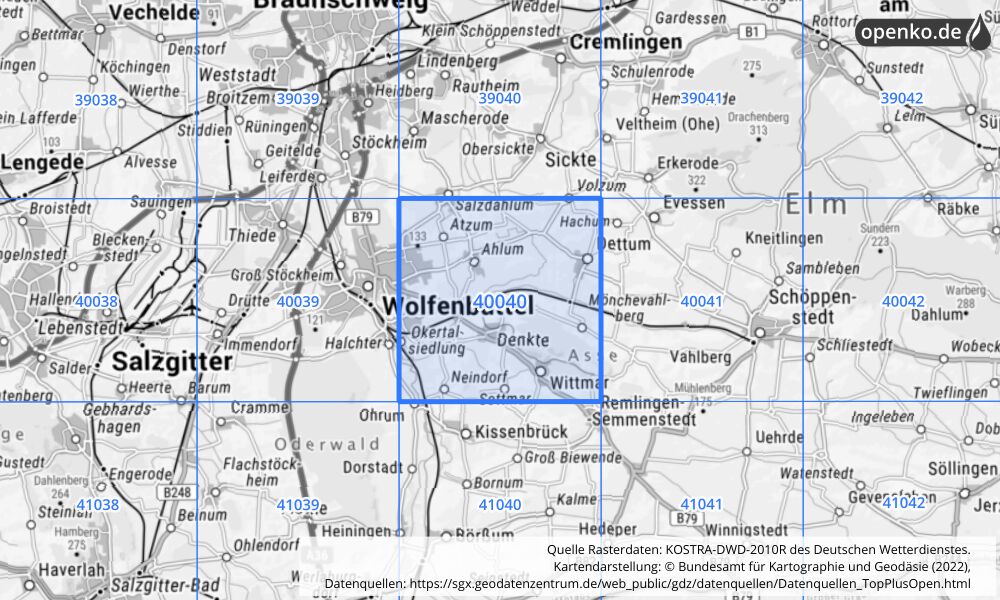 Übersichtskarte KOSTRA-DWD-2010R Rasterfeld Nr. 40040 mit angrenzenden Feldern