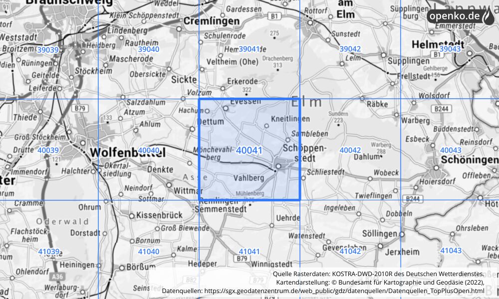 Übersichtskarte KOSTRA-DWD-2010R Rasterfeld Nr. 40041 mit angrenzenden Feldern