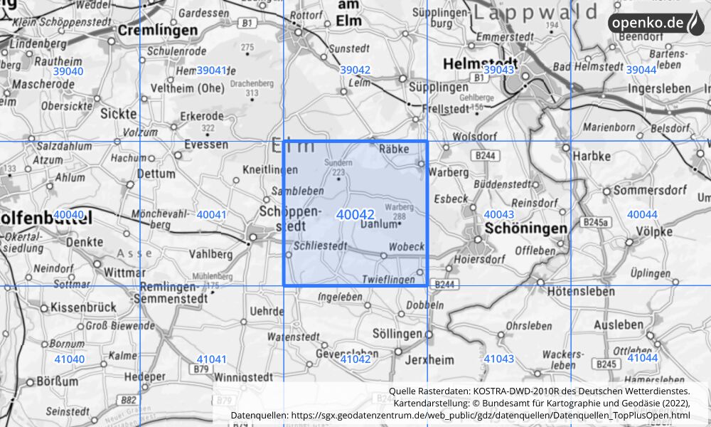 Übersichtskarte KOSTRA-DWD-2010R Rasterfeld Nr. 40042 mit angrenzenden Feldern