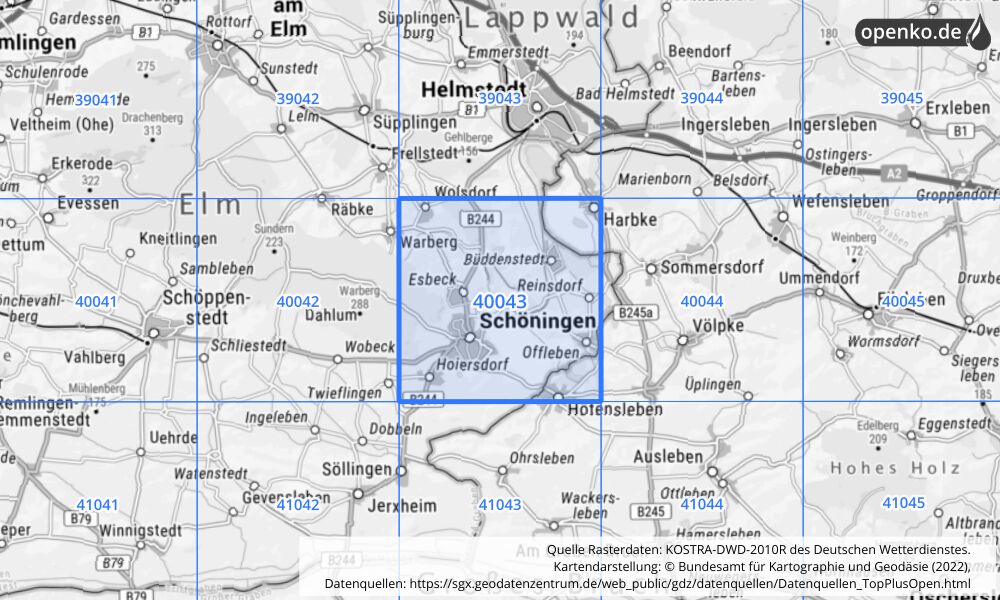 Übersichtskarte KOSTRA-DWD-2010R Rasterfeld Nr. 40043 mit angrenzenden Feldern