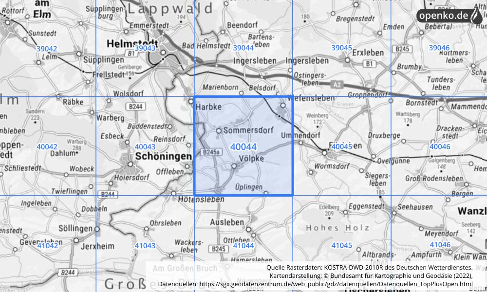 Übersichtskarte KOSTRA-DWD-2010R Rasterfeld Nr. 40044 mit angrenzenden Feldern