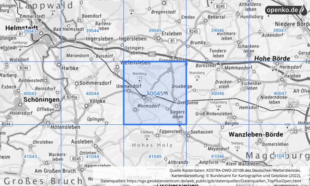 Übersichtskarte KOSTRA-DWD-2010R Rasterfeld Nr. 40045 mit angrenzenden Feldern