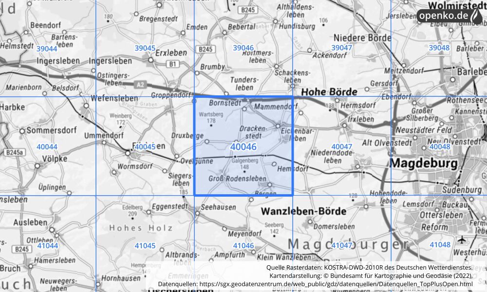 Übersichtskarte KOSTRA-DWD-2010R Rasterfeld Nr. 40046 mit angrenzenden Feldern