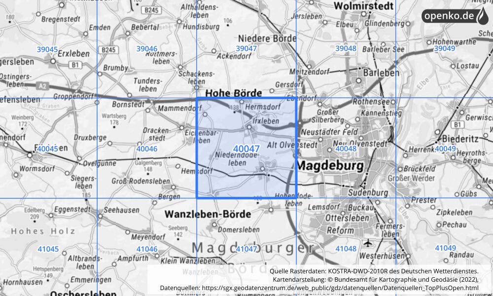 Übersichtskarte KOSTRA-DWD-2010R Rasterfeld Nr. 40047 mit angrenzenden Feldern