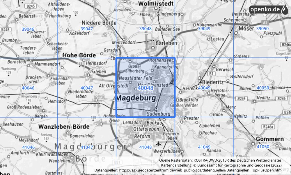 Übersichtskarte KOSTRA-DWD-2010R Rasterfeld Nr. 40048 mit angrenzenden Feldern