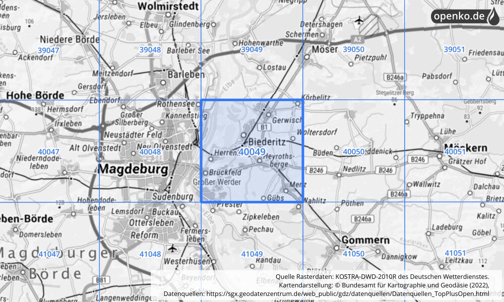 Übersichtskarte KOSTRA-DWD-2010R Rasterfeld Nr. 40049 mit angrenzenden Feldern