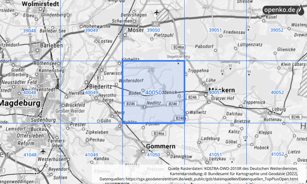 Übersichtskarte KOSTRA-DWD-2010R Rasterfeld Nr. 40050 mit angrenzenden Feldern