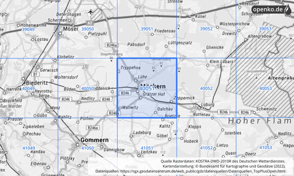 Übersichtskarte KOSTRA-DWD-2010R Rasterfeld Nr. 40051 mit angrenzenden Feldern