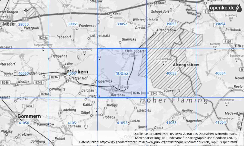 Übersichtskarte KOSTRA-DWD-2010R Rasterfeld Nr. 40052 mit angrenzenden Feldern