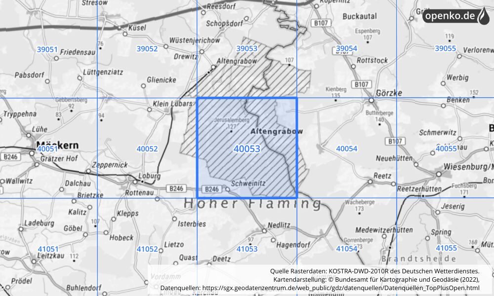 Übersichtskarte KOSTRA-DWD-2010R Rasterfeld Nr. 40053 mit angrenzenden Feldern