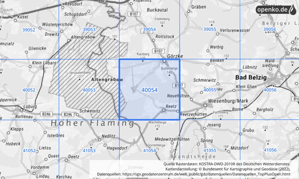 Übersichtskarte KOSTRA-DWD-2010R Rasterfeld Nr. 40054 mit angrenzenden Feldern