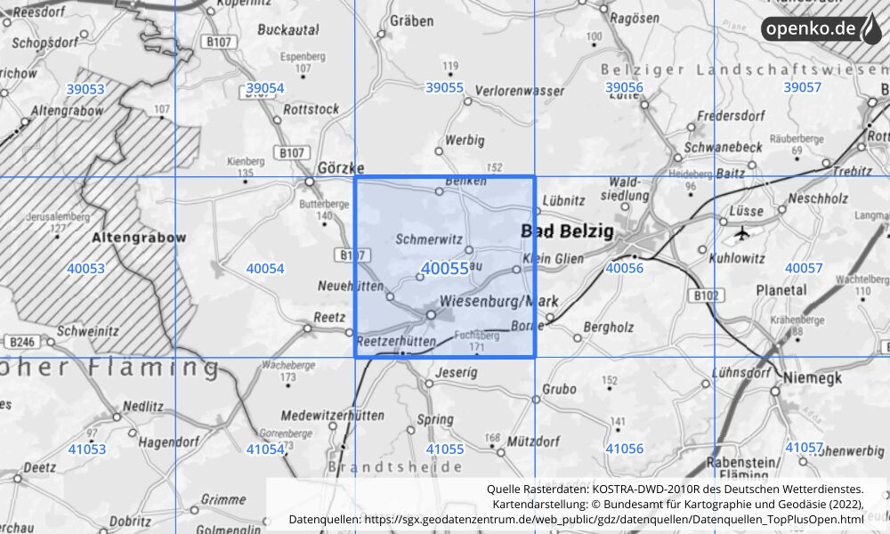 Übersichtskarte KOSTRA-DWD-2010R Rasterfeld Nr. 40055 mit angrenzenden Feldern