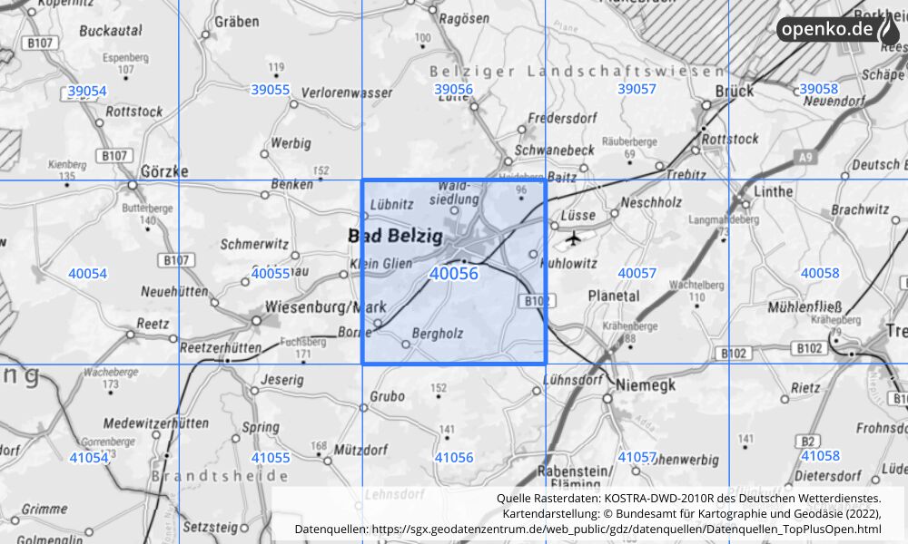 Übersichtskarte KOSTRA-DWD-2010R Rasterfeld Nr. 40056 mit angrenzenden Feldern