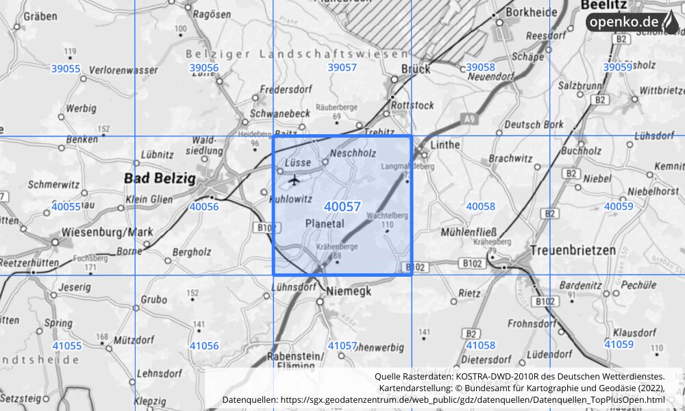 Übersichtskarte KOSTRA-DWD-2010R Rasterfeld Nr. 40057 mit angrenzenden Feldern