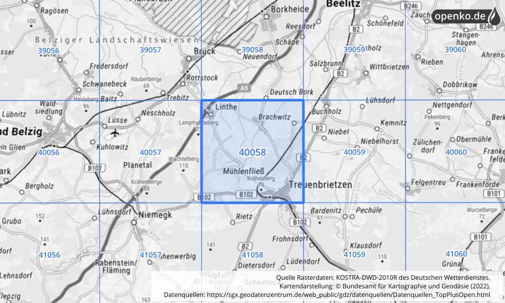 Übersichtskarte KOSTRA-DWD-2010R Rasterfeld Nr. 40058 mit angrenzenden Feldern