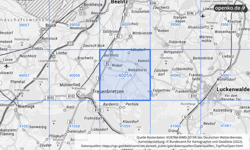 Übersichtskarte KOSTRA-DWD-2010R Rasterfeld Nr. 40059 mit angrenzenden Feldern