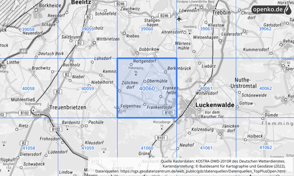 Übersichtskarte KOSTRA-DWD-2010R Rasterfeld Nr. 40060 mit angrenzenden Feldern