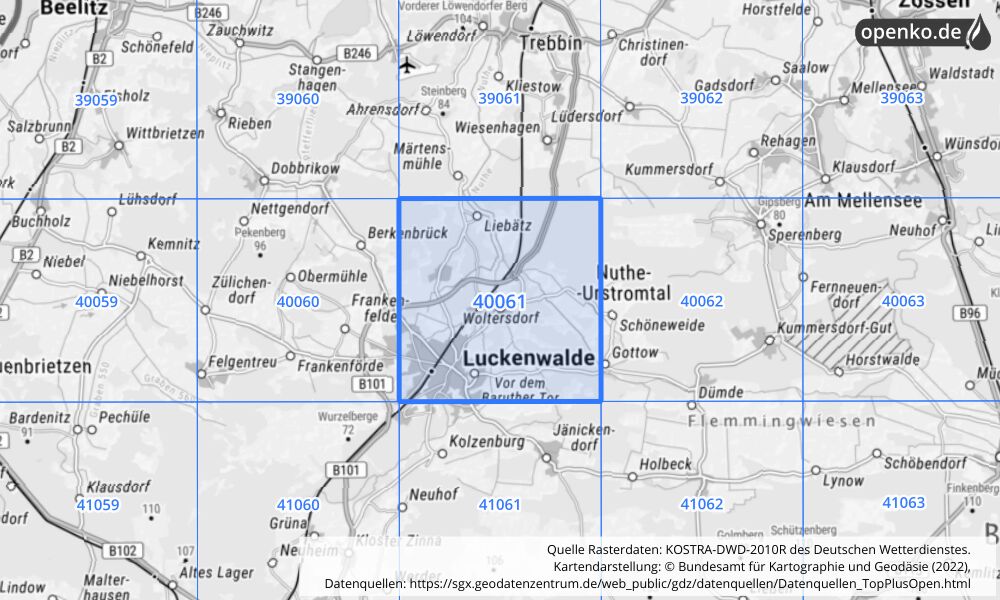 Übersichtskarte KOSTRA-DWD-2010R Rasterfeld Nr. 40061 mit angrenzenden Feldern