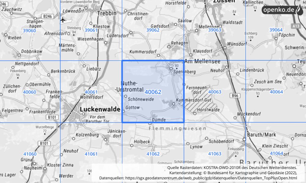 Übersichtskarte KOSTRA-DWD-2010R Rasterfeld Nr. 40062 mit angrenzenden Feldern