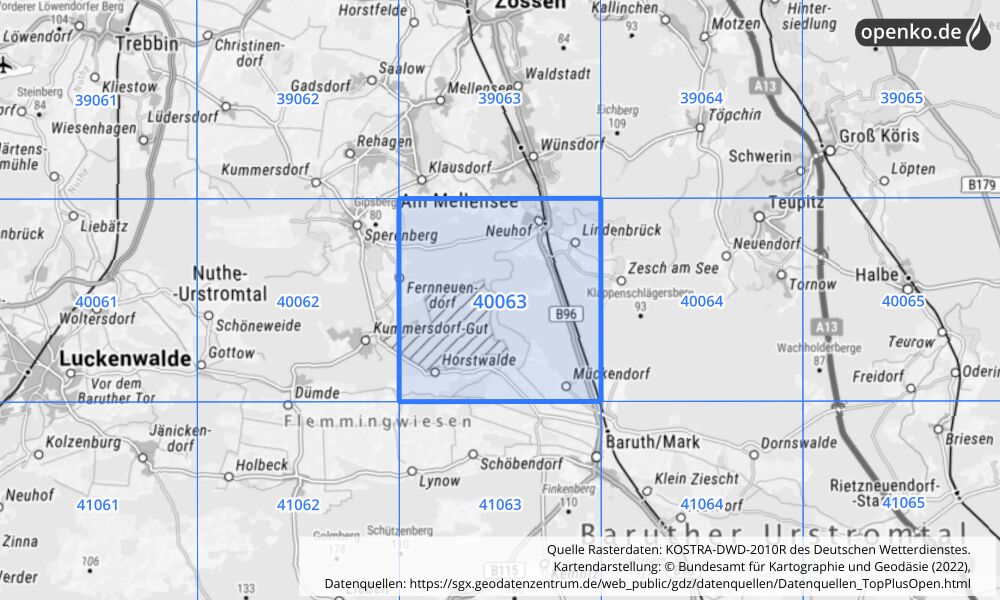 Übersichtskarte KOSTRA-DWD-2010R Rasterfeld Nr. 40063 mit angrenzenden Feldern