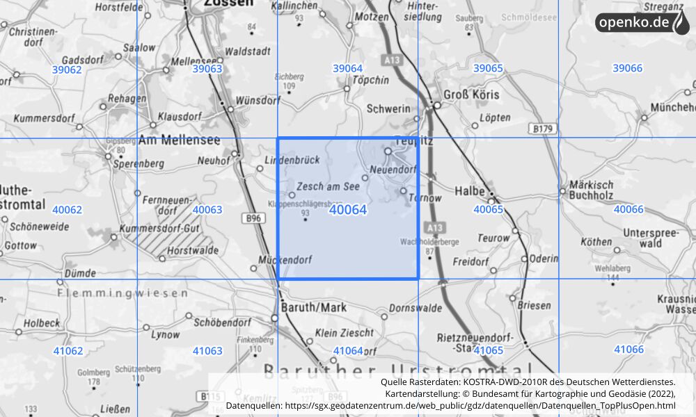 Übersichtskarte KOSTRA-DWD-2010R Rasterfeld Nr. 40064 mit angrenzenden Feldern