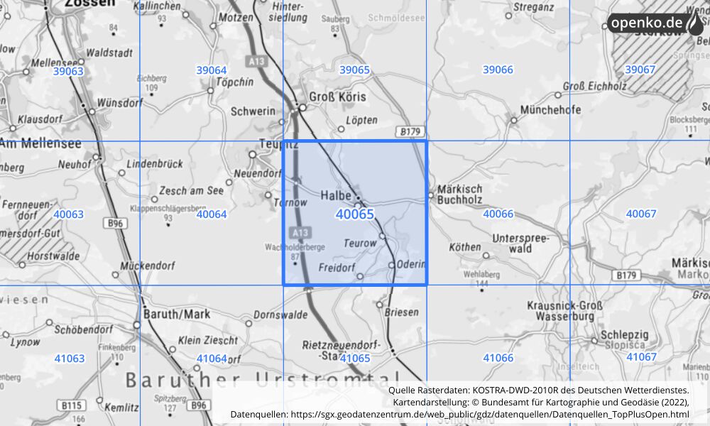 Übersichtskarte KOSTRA-DWD-2010R Rasterfeld Nr. 40065 mit angrenzenden Feldern