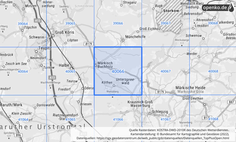 Übersichtskarte KOSTRA-DWD-2010R Rasterfeld Nr. 40066 mit angrenzenden Feldern