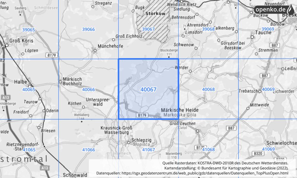 Übersichtskarte KOSTRA-DWD-2010R Rasterfeld Nr. 40067 mit angrenzenden Feldern