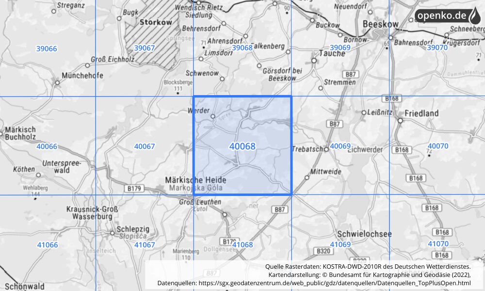 Übersichtskarte KOSTRA-DWD-2010R Rasterfeld Nr. 40068 mit angrenzenden Feldern