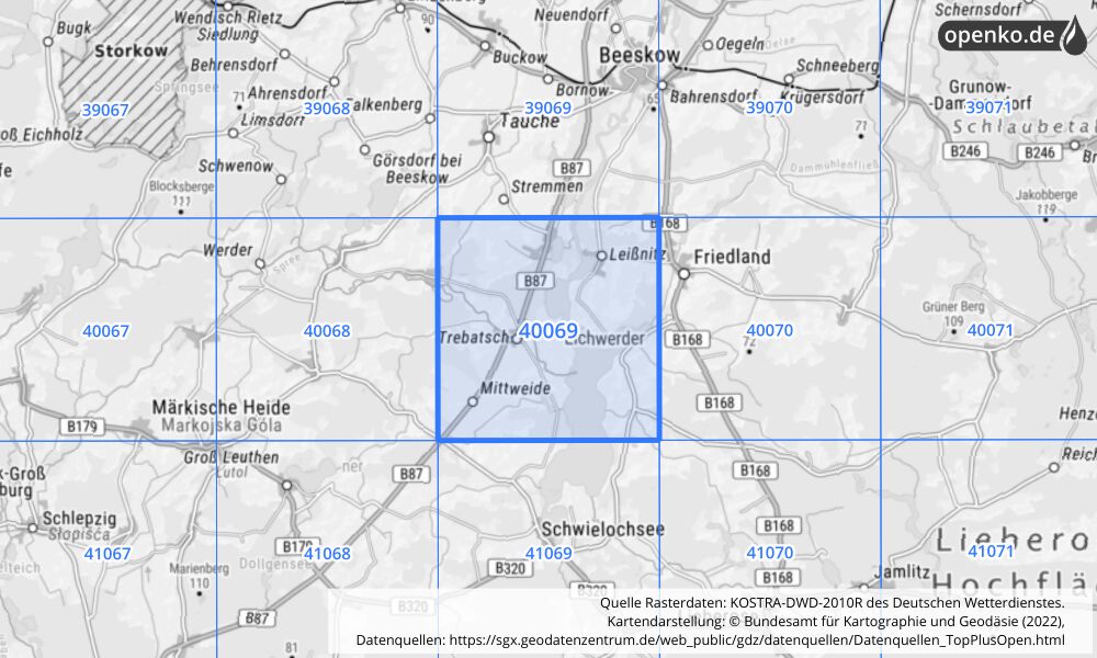 Übersichtskarte KOSTRA-DWD-2010R Rasterfeld Nr. 40069 mit angrenzenden Feldern