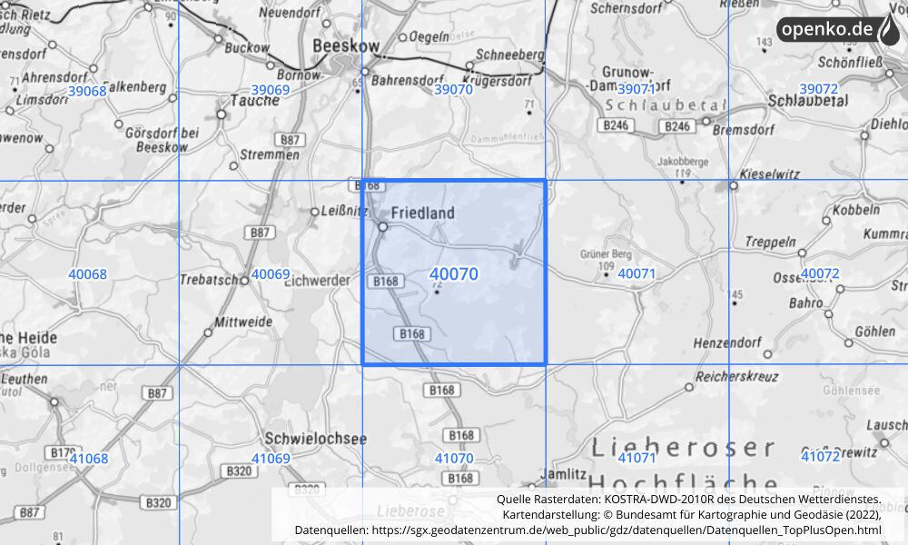 Übersichtskarte KOSTRA-DWD-2010R Rasterfeld Nr. 40070 mit angrenzenden Feldern