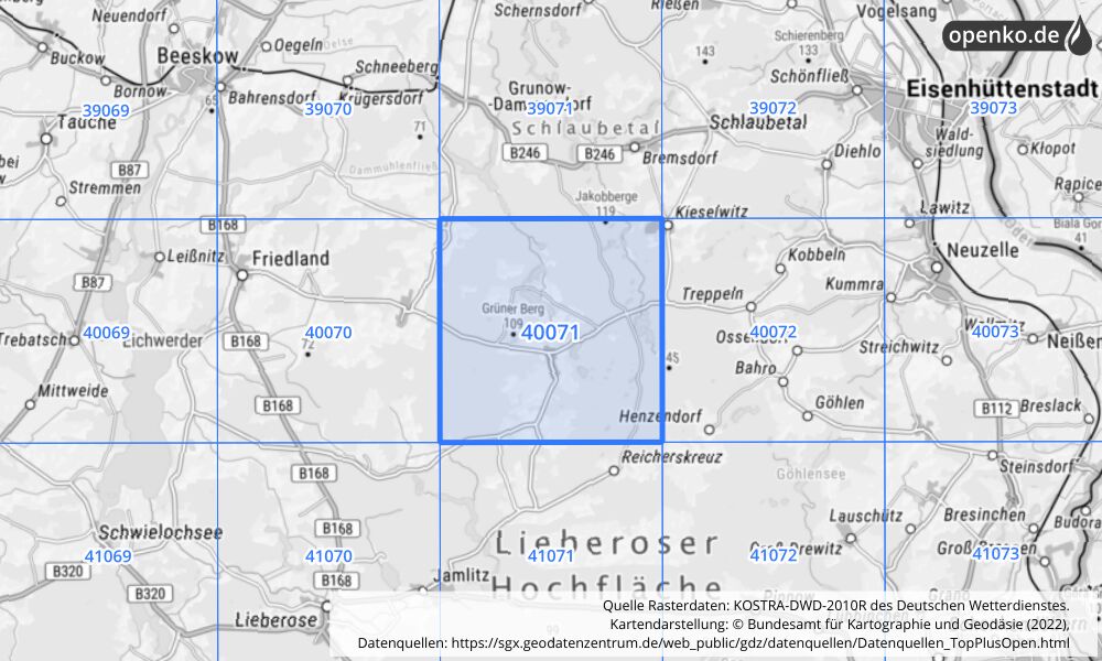 Übersichtskarte KOSTRA-DWD-2010R Rasterfeld Nr. 40071 mit angrenzenden Feldern