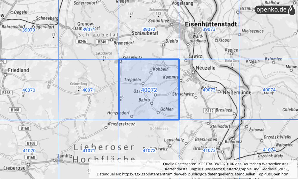 Übersichtskarte KOSTRA-DWD-2010R Rasterfeld Nr. 40072 mit angrenzenden Feldern