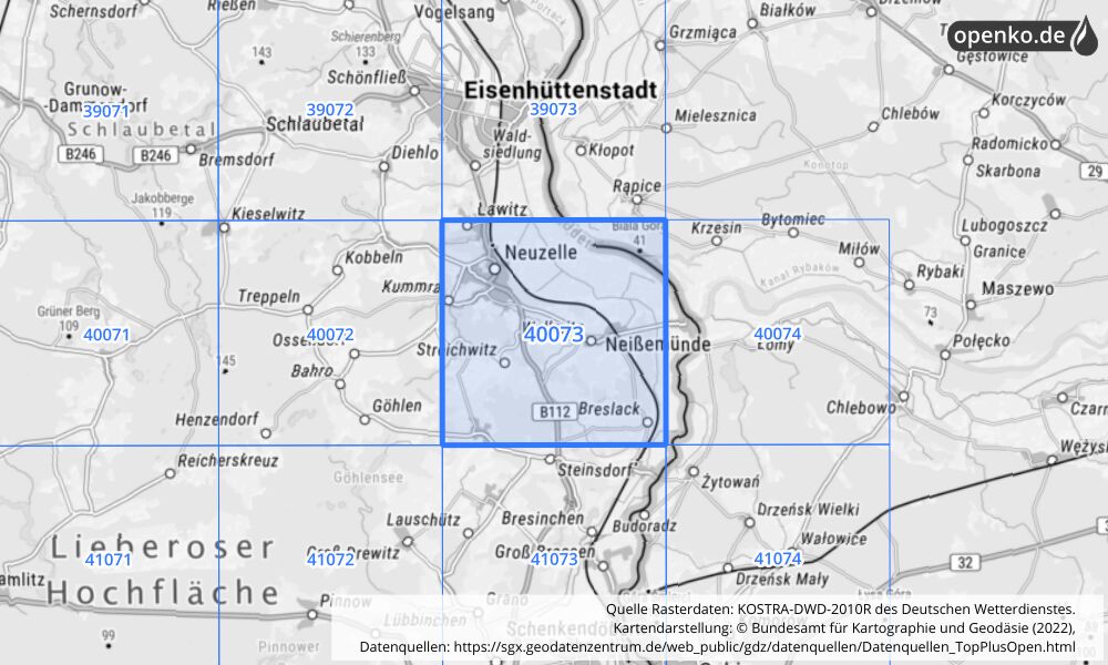 Übersichtskarte KOSTRA-DWD-2010R Rasterfeld Nr. 40073 mit angrenzenden Feldern