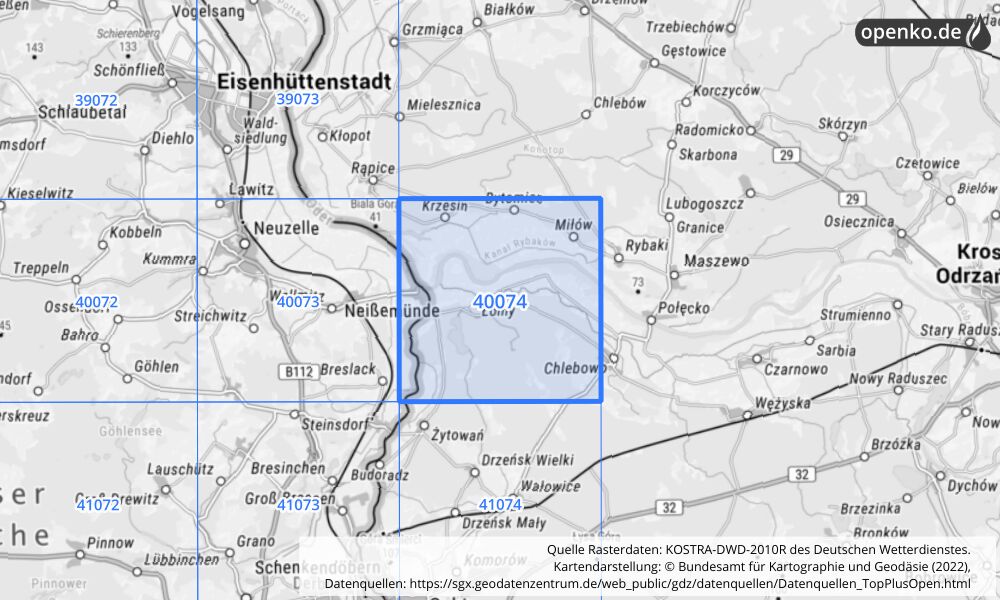 Übersichtskarte KOSTRA-DWD-2010R Rasterfeld Nr. 40074 mit angrenzenden Feldern