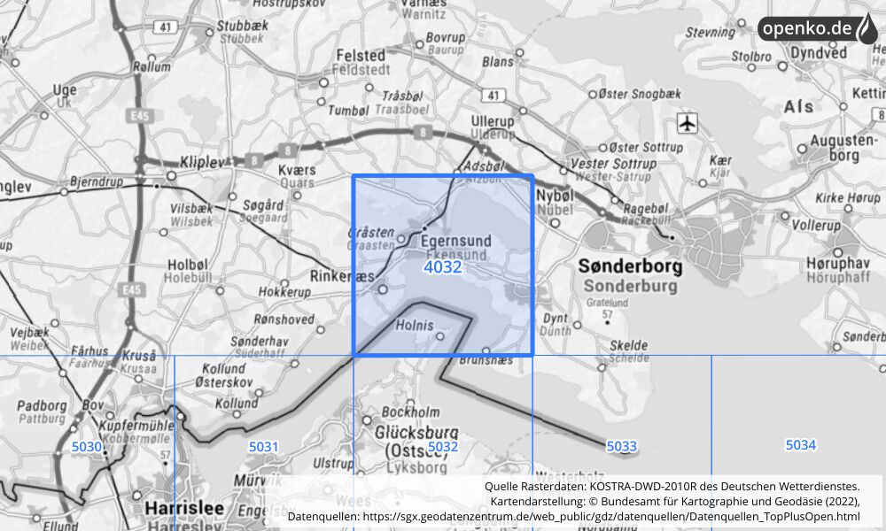 Übersichtskarte KOSTRA-DWD-2010R Rasterfeld Nr. 4032 mit angrenzenden Feldern