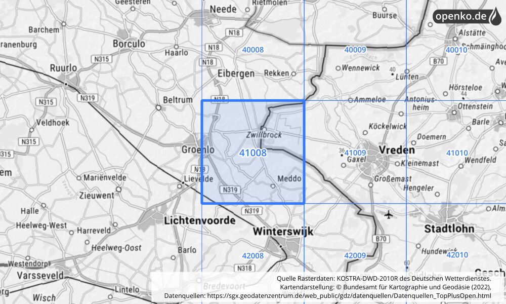 Übersichtskarte KOSTRA-DWD-2010R Rasterfeld Nr. 41008 mit angrenzenden Feldern